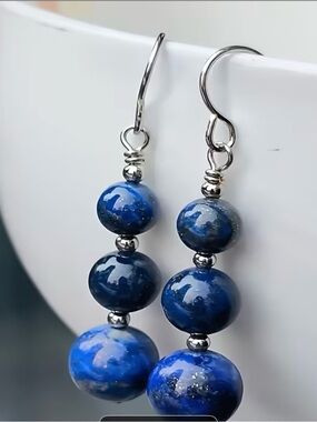 Blue Beaded Drop Earrings - Lapis-Style Silver Hooks